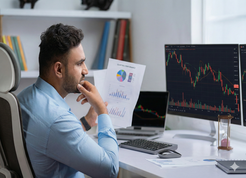 A graphical chart showing the Vanguard fund logo and the Indian stock market's gains (e.g., 120% returns).