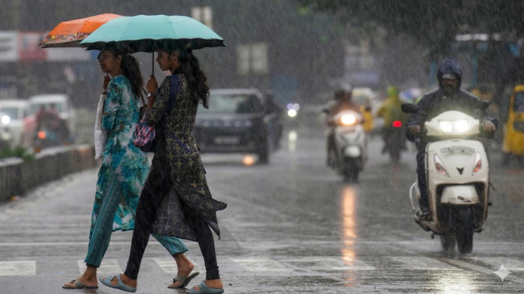 दिल्ली की सड़क पर बारिश के बीच चलते लोग, 20 मार्च 2026 को सुबह दिल्ली-NCR में झमाझम बरसात