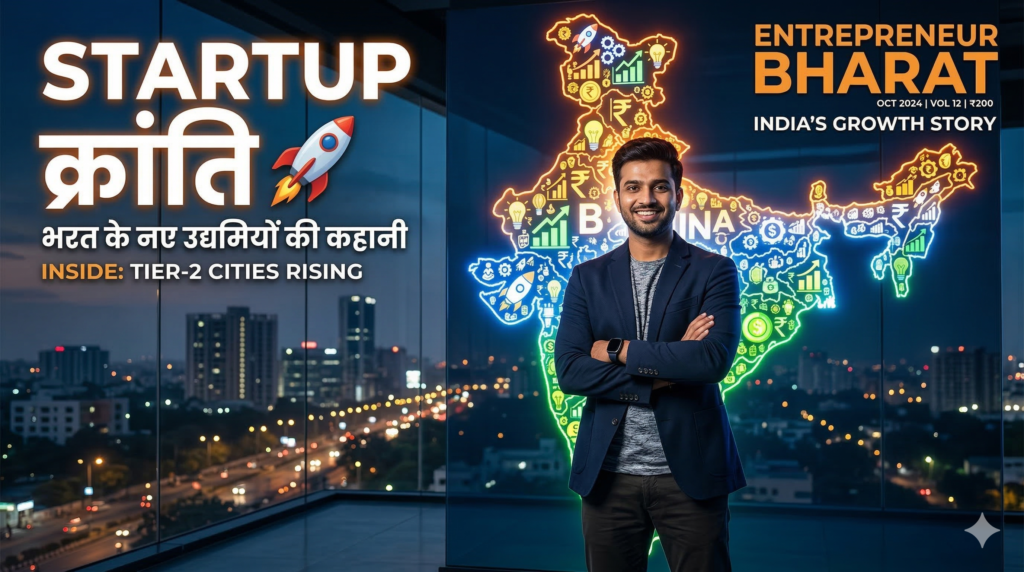भारतीय युवा उद्यमी लैपटॉप और स्टार्टअप आइडिया बोर्ड के साथ — Startup India 2026