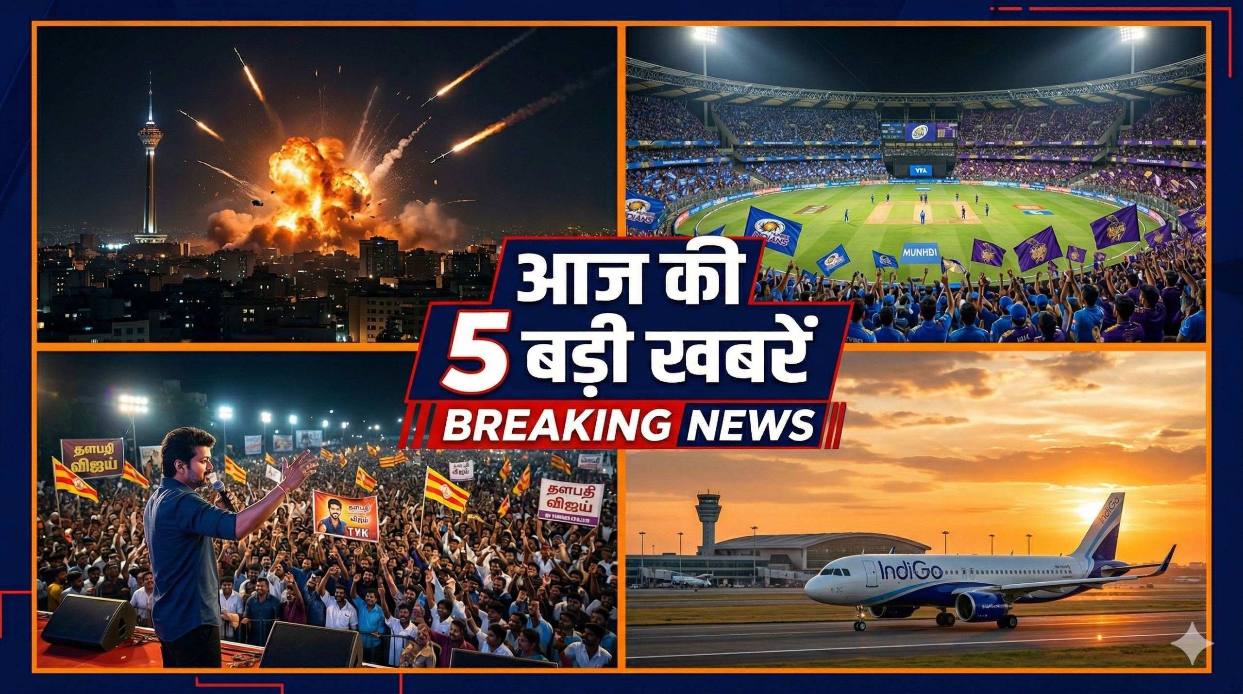 Hindi news thumbnail showing Iran-Israel war day 30, Houthi attack, IPL 2026 MI vs KKR match at Wankhede, and India political updates for March 29 2026
