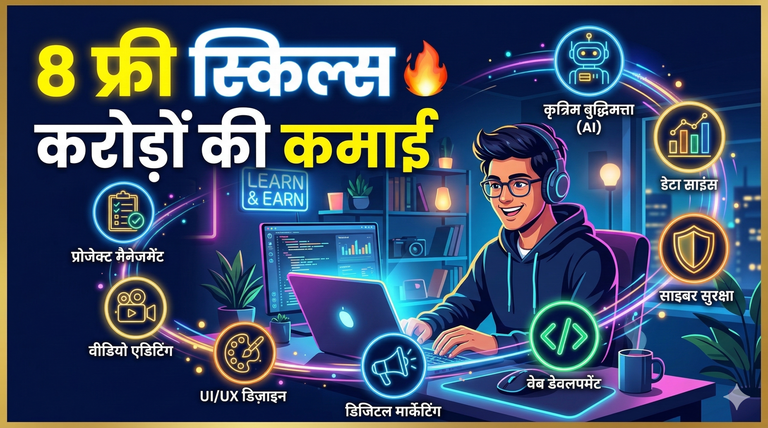 एक युवा भारतीय स्टूडेंट लैपटॉप पर काम करते हुए, स्क्रीन पर AI, Coding, और Digital Marketing के आइकॉन्स दिखाई दे रहे हैं, ऊपर हिंदी में लिखा है — '8 फ्री स्किल्स जो करोड़ों दिलाएंगी
