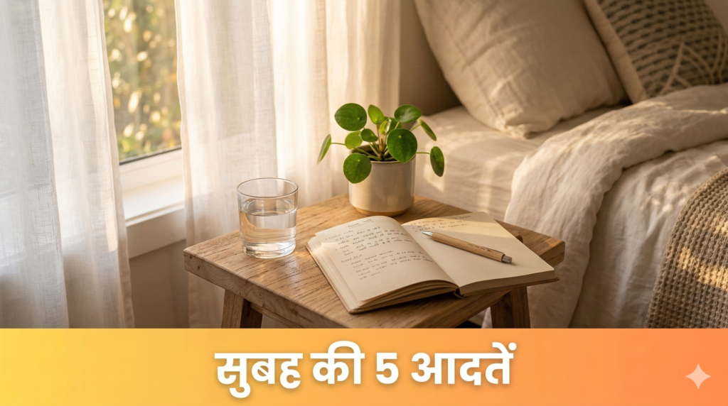 एक शांत सुबह की दिनचर्या दर्शाने वाली इमेज — पानी का गिलास, जर्नल, और योगा मैट के साथ "सुबह की 5 आदतें" टेक्स्ट ओवरले