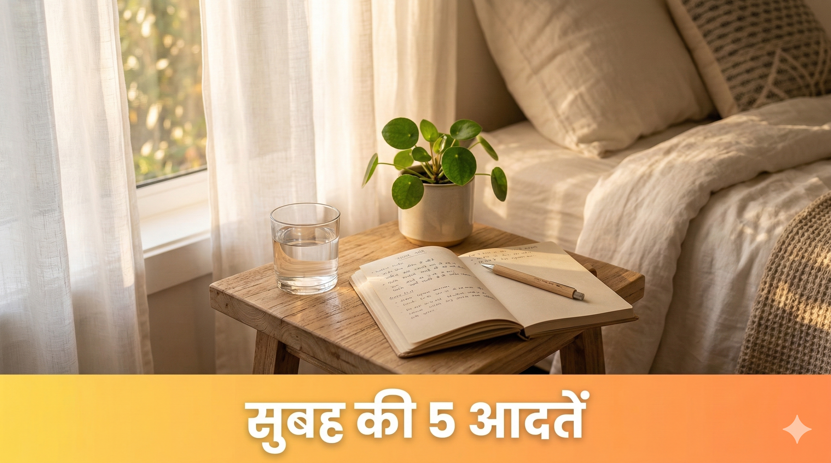 एक शांत सुबह की दिनचर्या दर्शाने वाली इमेज — पानी का गिलास, जर्नल, और योगा मैट के साथ "सुबह की 5 आदतें" टेक्स्ट ओवरले