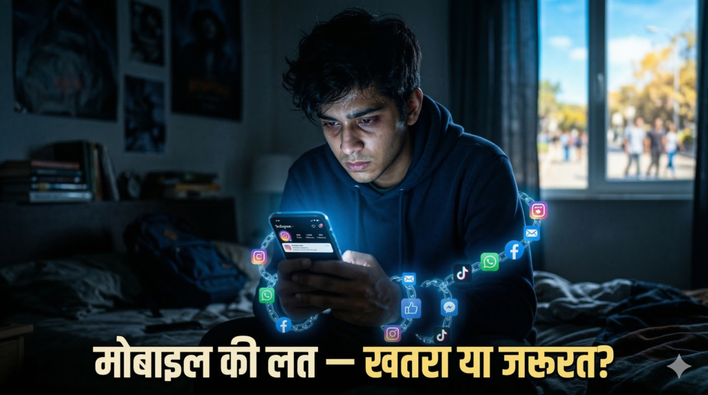 एक युवा लड़का अंधेरे कमरे में मोबाइल स्क्रीन की नीली रोशनी में डूबा हुआ — मोबाइल लत का प्रतीक।