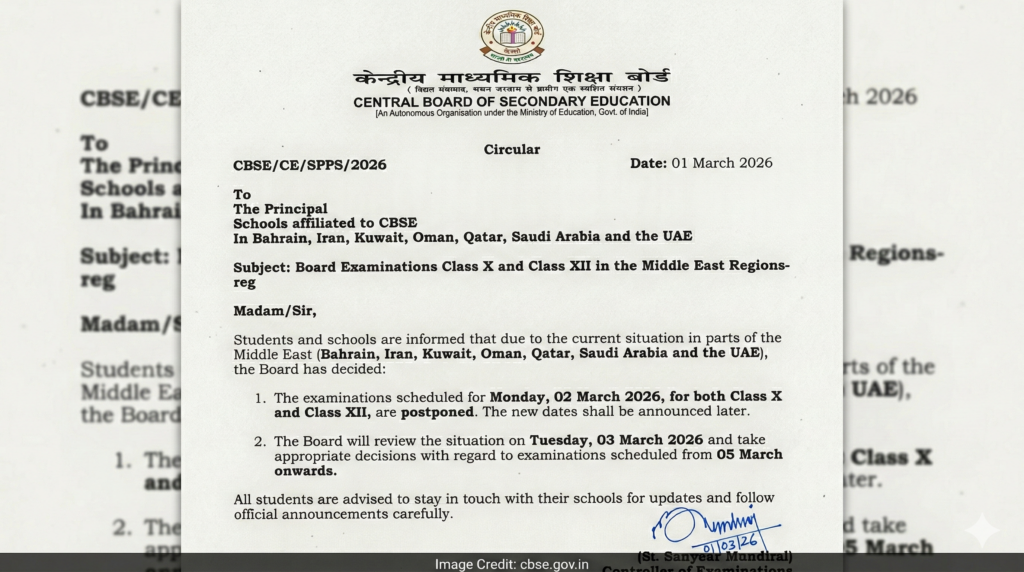 CBSE का आधिकारिक नोटिस दर्शाता हुआ ग्राफिक जिसमें मध्य पूर्व के 7 देशों में 2 मार्च 2026 को कक्षा 10 और 12 की बोर्ड परीक्षाएं स्थगित किए जाने की जानकारी है।