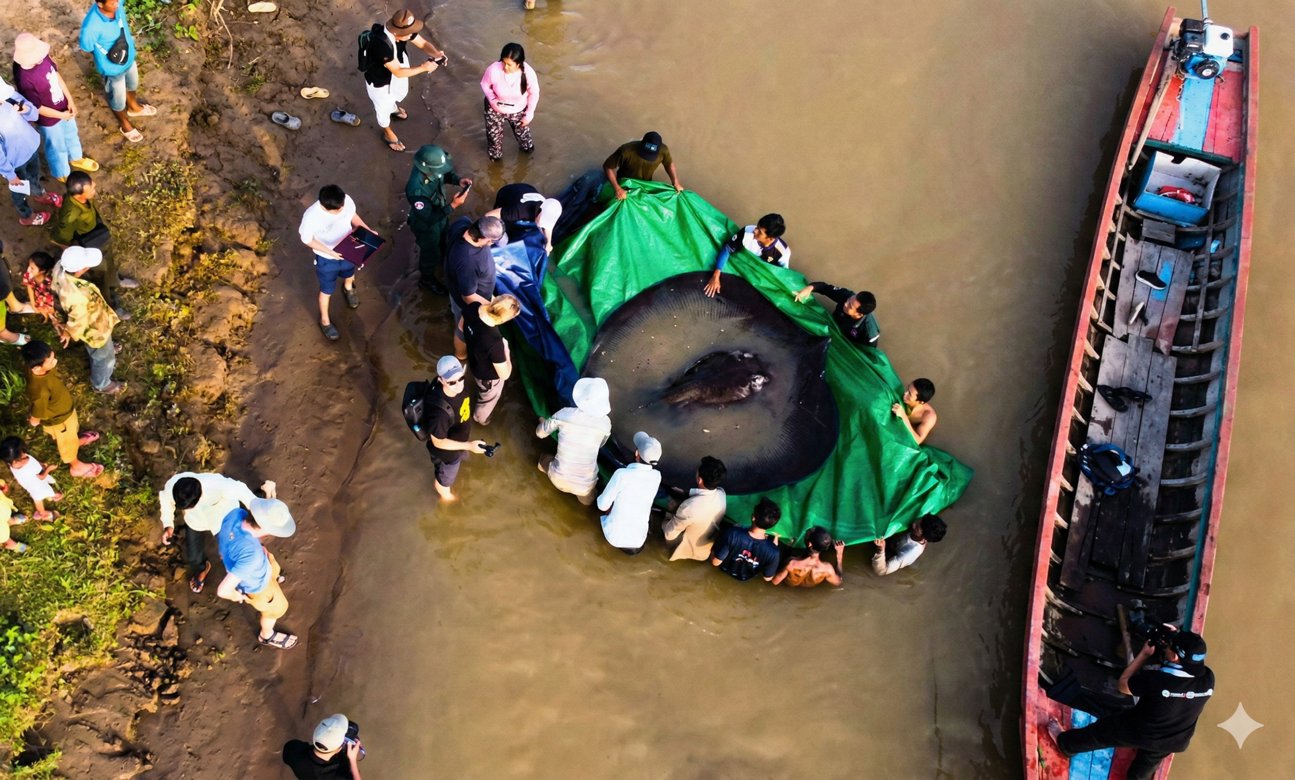 कम्बोडिया की मेकांग नदी में पकड़ी गई 300 किलोग्राम की विशालकाय मीठे पानी की स्टिंगरे, जिसे एक दर्जन से अधिक लोग तिरपाल पर संभाल रहे हैं।