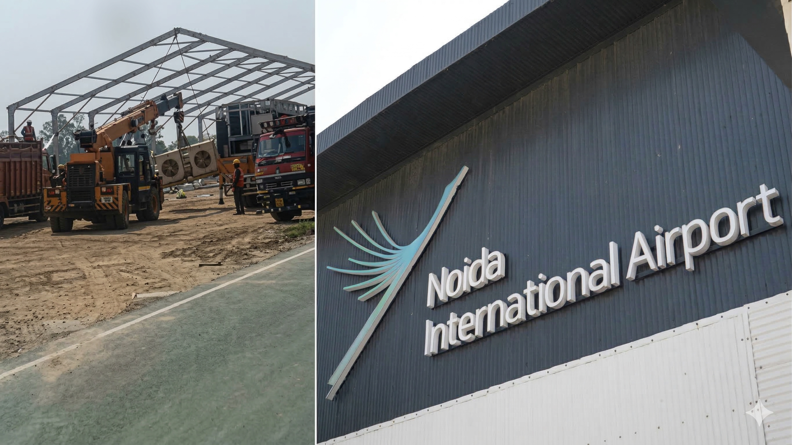 नोएडा जेवर अंतरराष्ट्रीय हवाई अड्डे के उद्घाटन की तैयारी में बना जर्मन शैली का हैंगर, जहाँ प्रधानमंत्री नरेंद्र मोदी जनसभा को संबोधित करेंगे