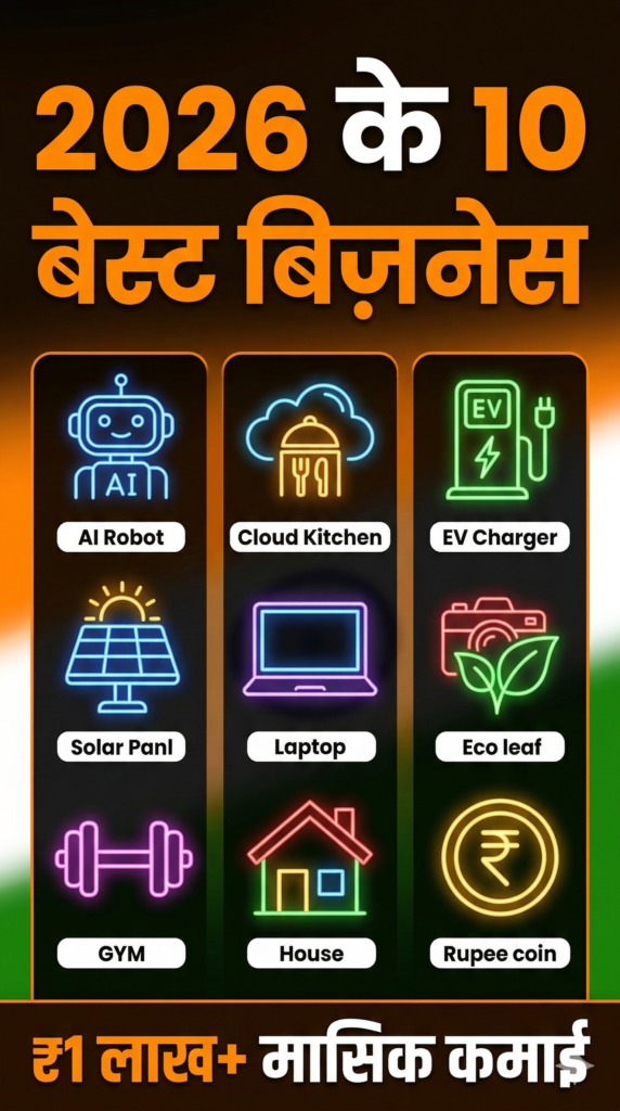 Infographic showing Top 10 highest earning business ideas in India for 2026, including AI services, cloud kitchen, EV charging, solar energy, and online education, with investment and profit data in Hindi and English on a saffron and white background with the Indian flag motif.