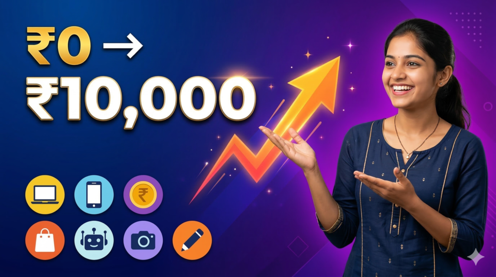 एक इन्फोग्राफिक जिसमें ₹0 से ₹10,000 महीना कमाने के 7 तरीके दर्शाए गए हैं — जैसे ऑनलाइन ट्यूशन, कंटेंट राइटिंग, यूट्यूब शॉर्ट्स, एफिलिएट मार्केटिंग, डेटा एंट्री, AI टूल्स और रिसेलिंग।