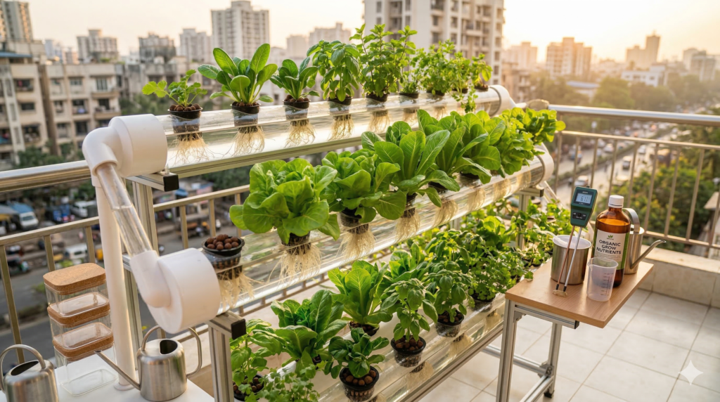 घर की बालकनी पर हाइड्रोपोनिक सेटअप — पानी में उगती हरी सब्जियाँ और पत्तेदार पौधे, बिना मिट्टी के आधुनिक खेती