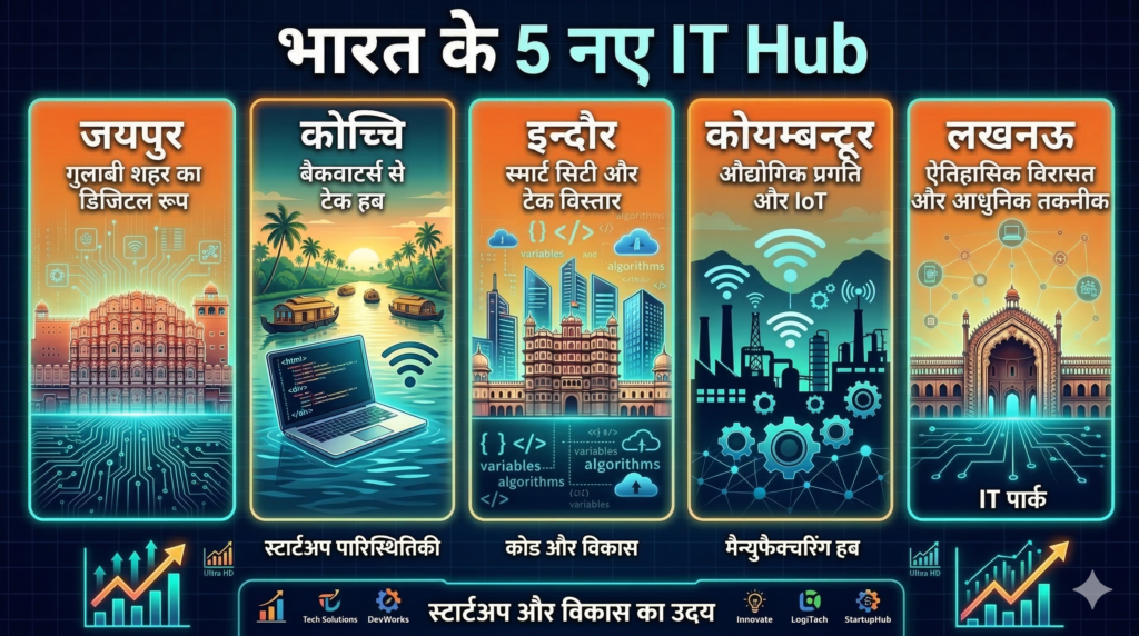 भारत के 5 उभरते IT Hub शहर — जयपुर, कोच्चि, इंदौर, कोयंबटूर और लखनऊ के स्काईलाइन के साथ टेक और स्टार्टअप ग्रोथ इन्फोग्राफिक