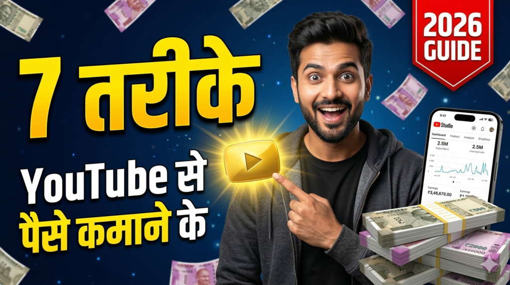 एक युवा भारतीय creator YouTube Studio dashboard के सामने खड़ा है, जिसके हाथ में Indian currency notes हैं और पीछे "7 नए तरीके 2026" लिखा हुआ है — YouTube monetization guide का thumbnail।
