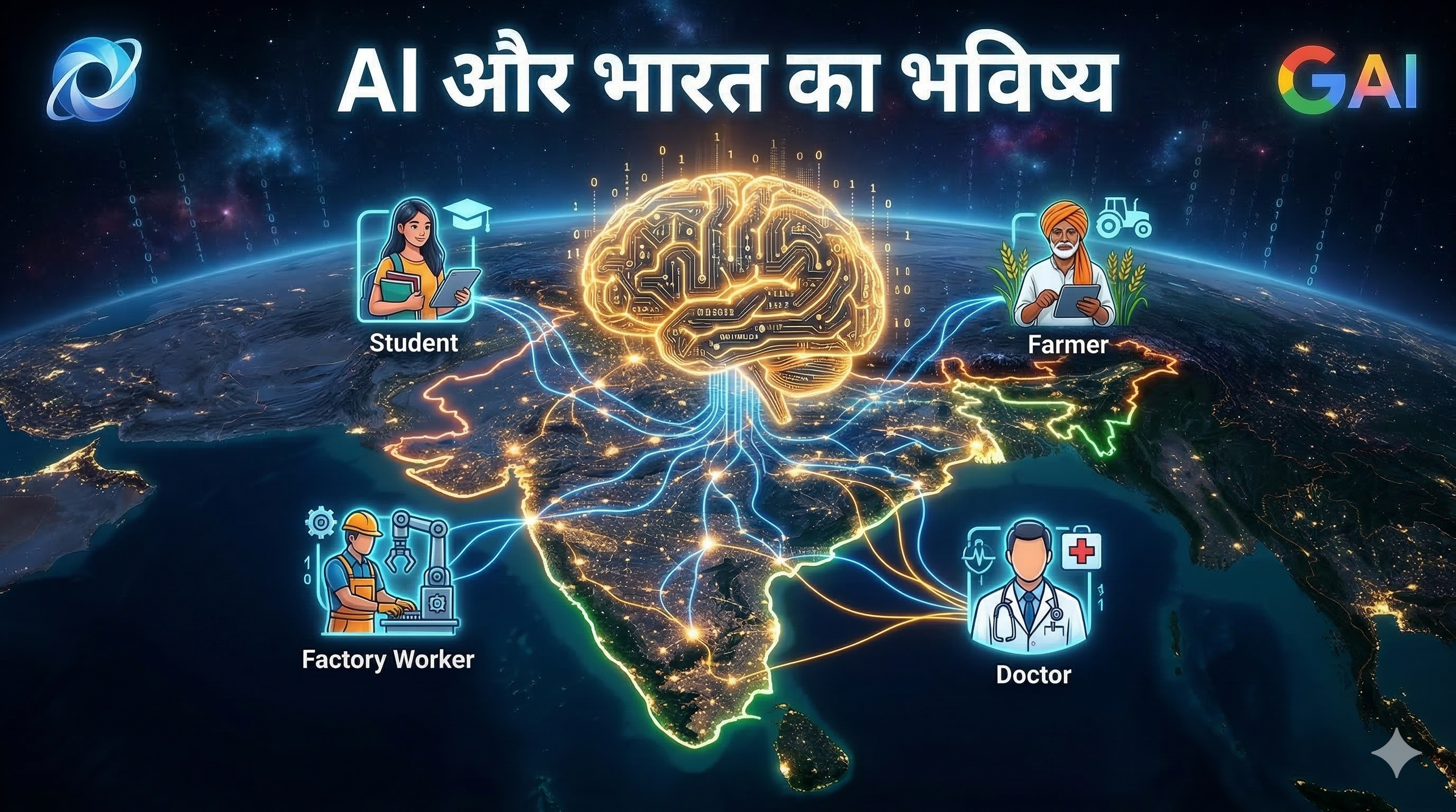 भारत का नक्शा जिसमें AI तकनीक के चमकते नेटवर्क नोड्स हैं, जो कृषि, स्वास्थ्य और शिक्षा क्षेत्रों को जोड़ते हैं — "AI और भारत का भविष्य" शीर्षक के साथ