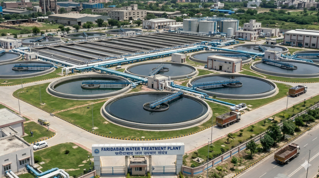 फरीदाबाद के ग्रामीण क्षेत्र में स्थापित होने वाले अपशिष्ट जल उपचार संयंत्र का प्रतीकात्मक चित्र, हरियाणा सरकार की जल स्वच्छता पहल।