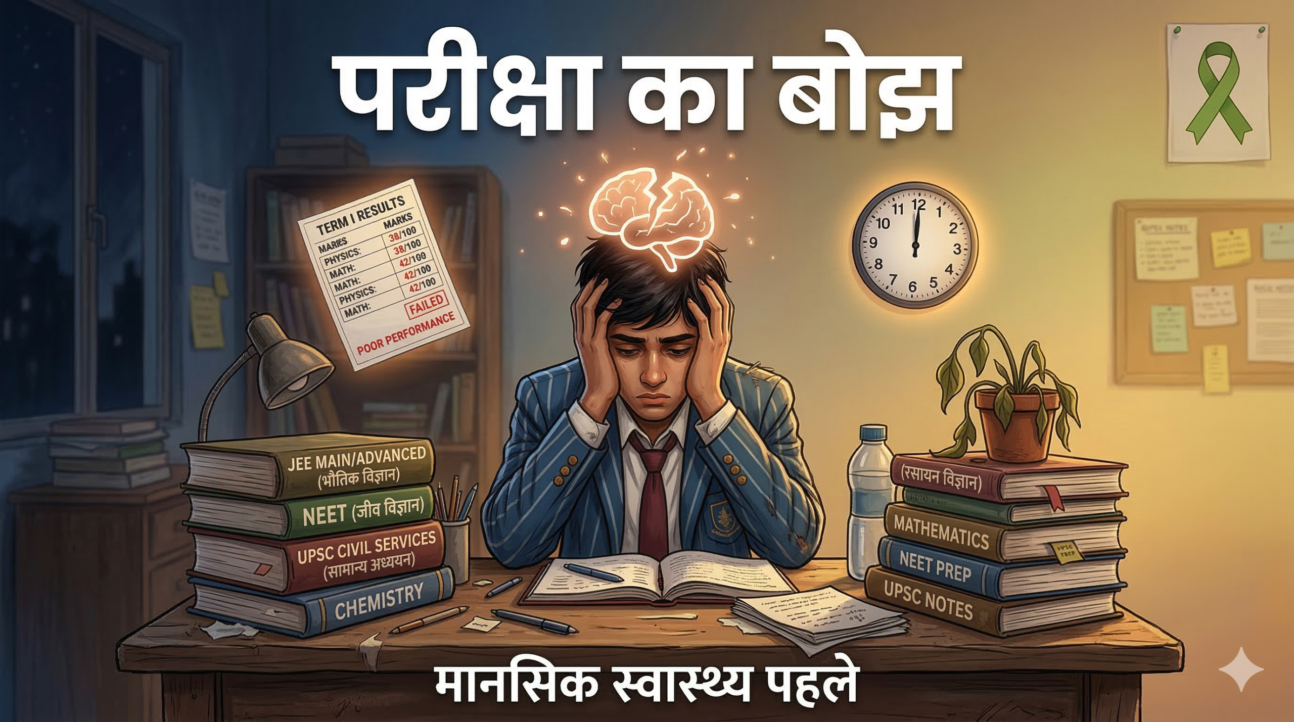 एक भारतीय छात्र किताबों के बोझ तले तनाव में बैठा है, पृष्ठभूमि में JEE/NEET की परीक्षा और मानसिक स्वास्थ्य के प्रतीक चिह्न दिखाई दे रहे हैं।