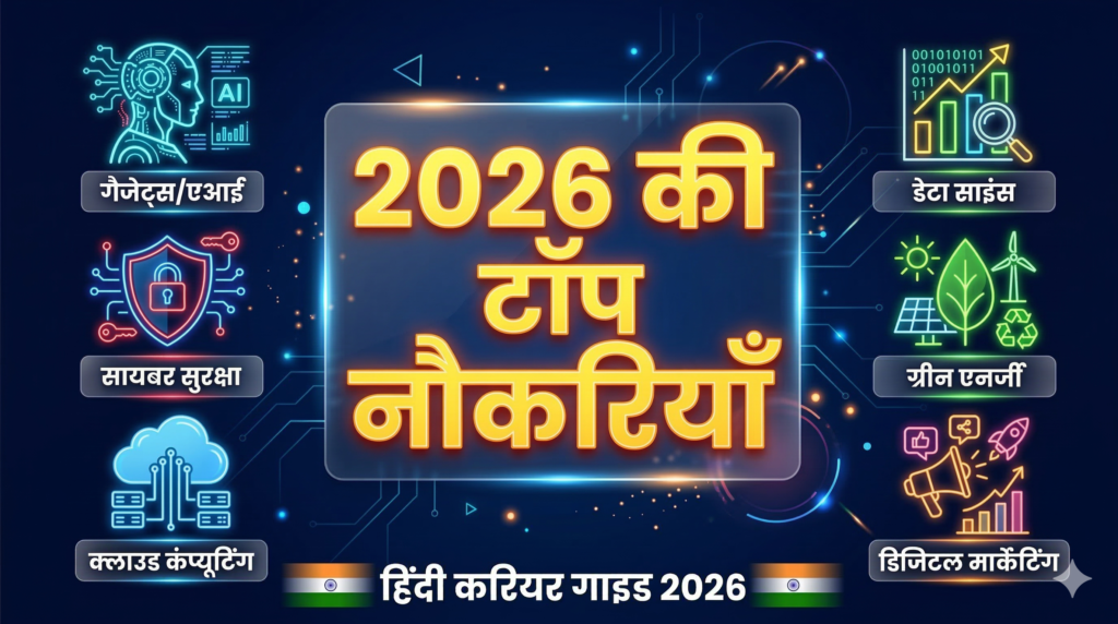 भारत में 2026 की सबसे ज़्यादा मांग वाली नौकरियों की सूची — AI, डेटा साइंस, साइबर सिक्योरिटी और ग्रीन एनर्जी जैसे करियर विकल्पों का इन्फोग्राफिक