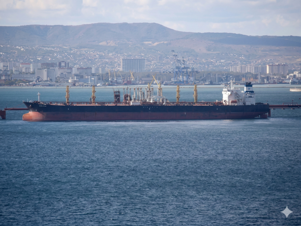 अरब सागर में रूसी तेल टैंकर भारतीय बंदरगाह की ओर बढ़ते हुए, पृष्ठभूमि में भारत का मानचित्र और तेल बैरल का प्रतीक