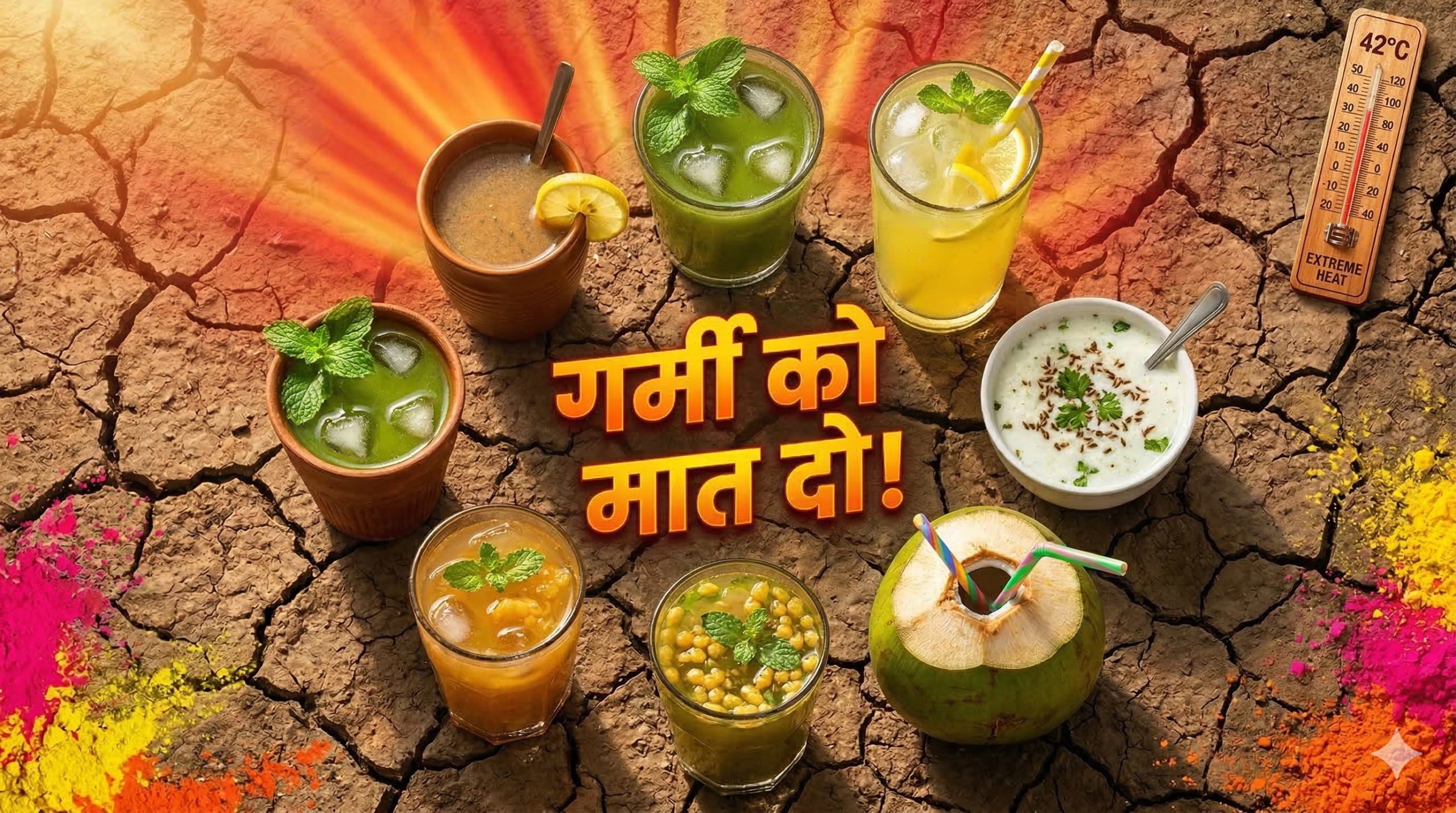 होली के बाद गर्मी से बचाव के लिए आम पन्ना, सत्तू, जलजीरा और छाछ जैसे 7 देसी ठंडे ड्रिंक्स की कोलाज इमेज, पीले और नारंगी रंग की थीम के साथ।