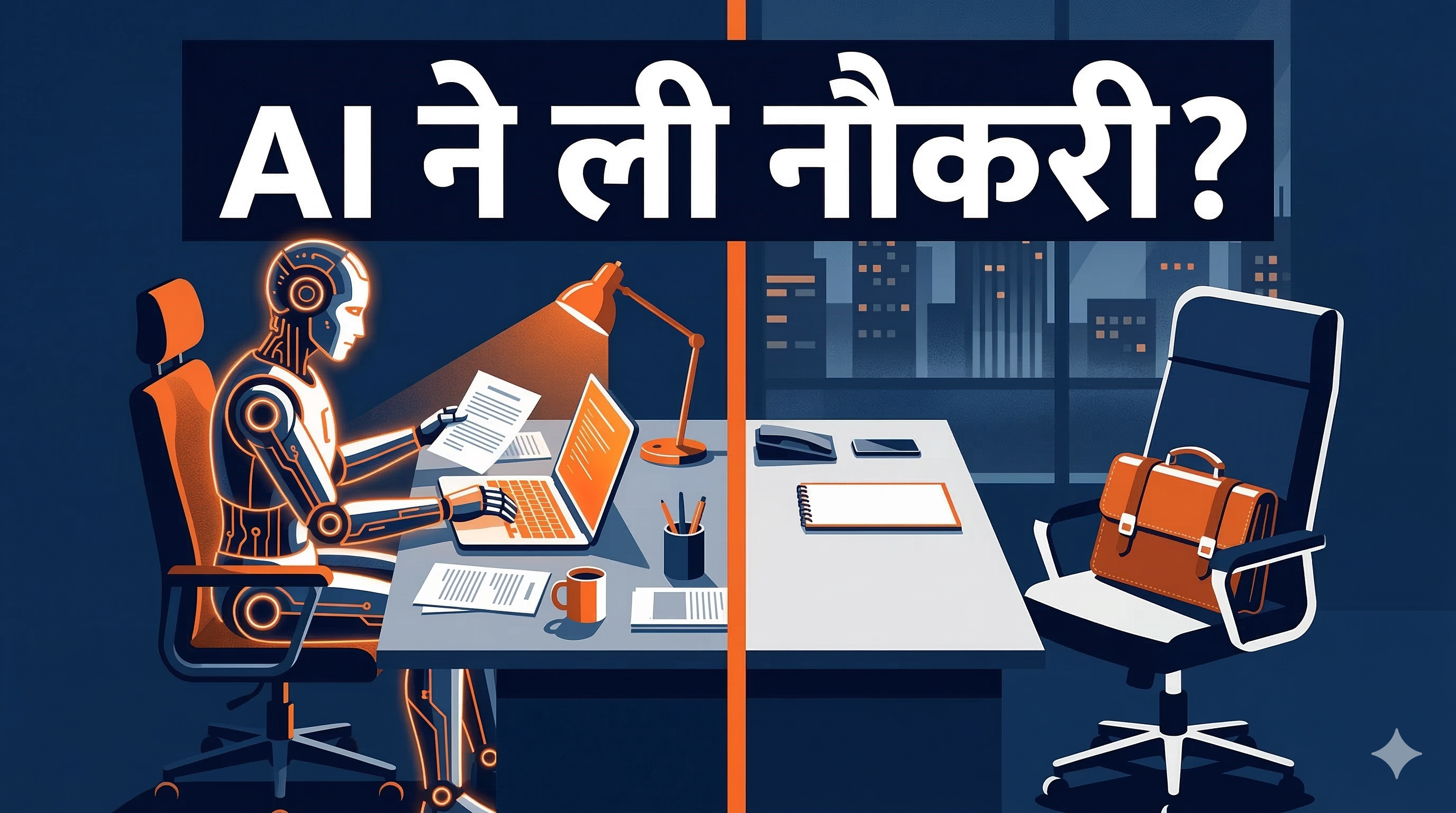 एक रोबोट हाथ कागज़ पर "नौकरी जाएगी?" लिख रहा है — AI और नौकरी के खतरे को दर्शाता थंबनेल चित्र, 2026