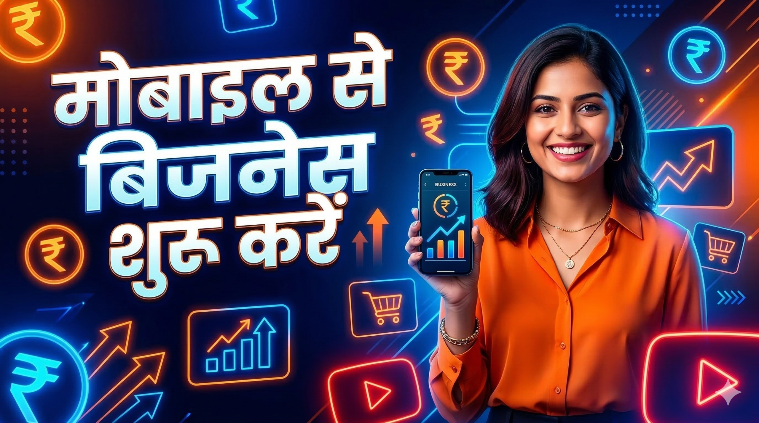 एक युवा भारतीय व्यक्ति स्मार्टफोन से ऑनलाइन बिज़नेस चला रहा है, स्क्रीन पर ग्रोथ चार्ट और रुपये का प्रतीक दिख रहा है — Mobile Se Online Business Kaise Shuru Kare 2026