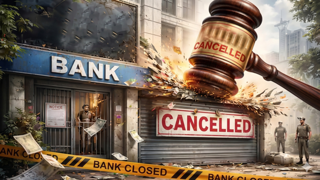 भारतीय रिजर्व बैंक (RBI) का लोगो और शिमशा सहकारा बैंक नियमिता, मद्दूर, मंड्या — लाइसेंस रद्द की घोषणा।