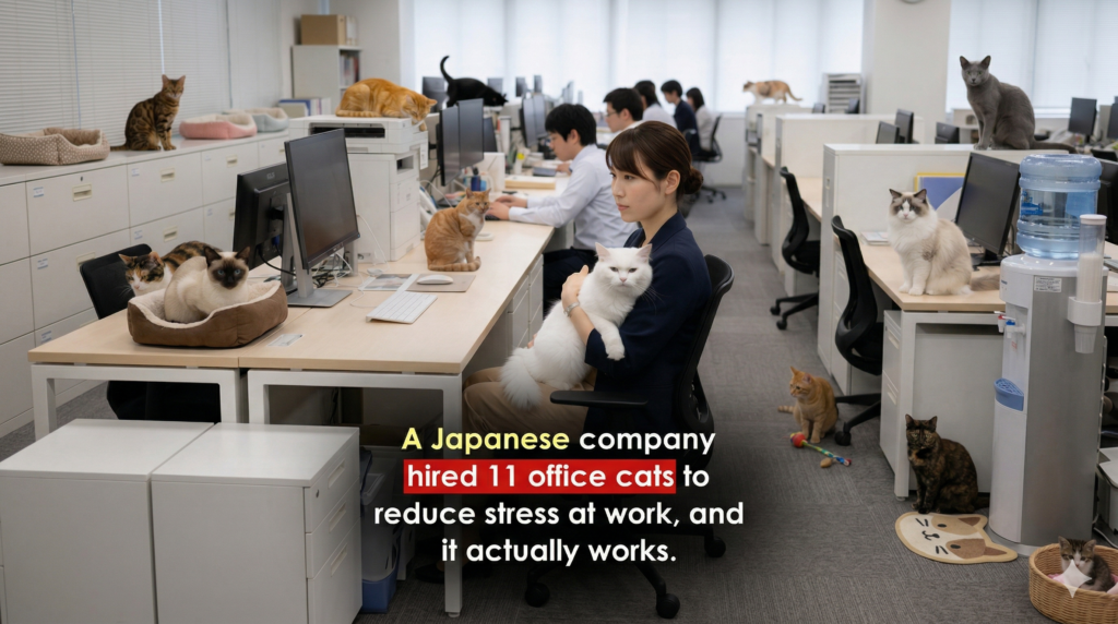 ऑफिस में बिल्लियाँ: जापानी कंपनी ने 11 बिल्लियाँ रखीं — तनाव हुआ छूमंतर!